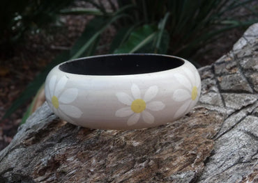 Bracelet jonc Vintage en bois peint motifs floraux - Artisanat Inde Gujarat