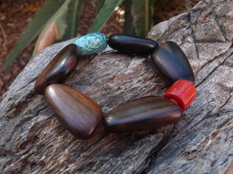 Bracelet ethnique en bois de teck et pierres véritables du Laos