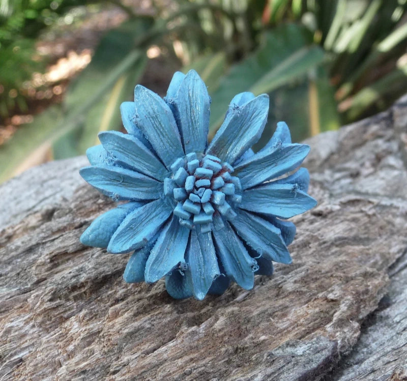 Bague Vintage en cuir marguerite fleur bleu turquoise taille réglable