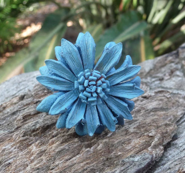 Bague Vintage en cuir marguerite fleur bleu turquoise taille réglable