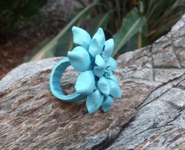 Bague Vintage en cuir magnolia fleur bleu turquoise taille réglable