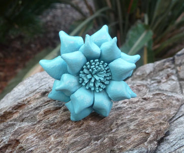 Bague Vintage en cuir magnolia fleur bleu turquoise taille réglable
