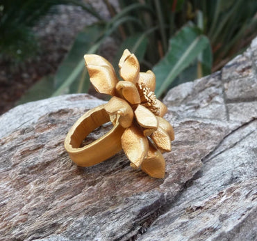 Bague Vintage en cuir magnolia fleur couleur or taille réglable