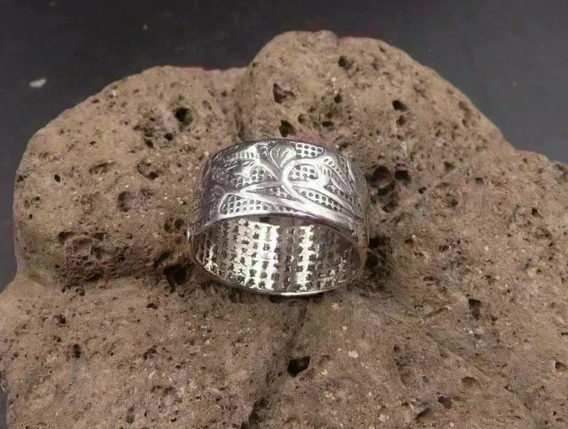 Bague Bouddhiste Tibétaine en argent 999 Fleur de Lotus et Sutra du Coeur