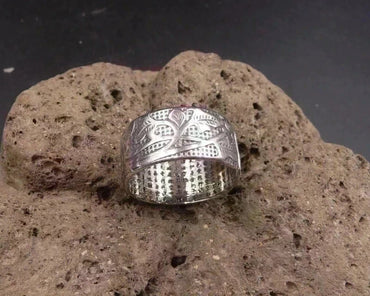 Bague Bouddhiste Tibétaine en argent 999 Fleur de Lotus et Sutra du Coeur