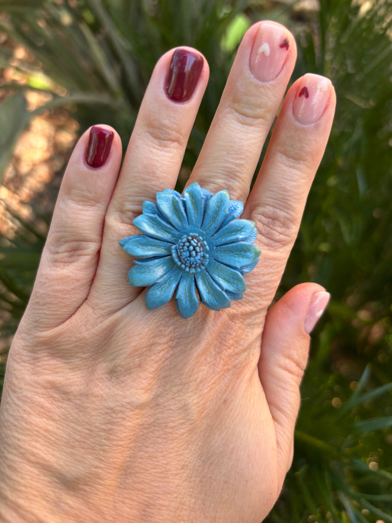 Bague Vintage en cuir marguerite fleur bleu turquoise taille réglable