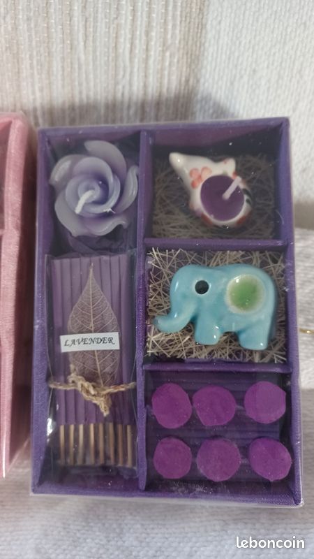 Coffret aromathérapie à la lavande bougies + encens + éléphant porte encens