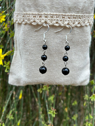 Boucles d'oreilles pendantes 3 boules en Onyx