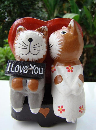 Couple de chats en bois peint I love you