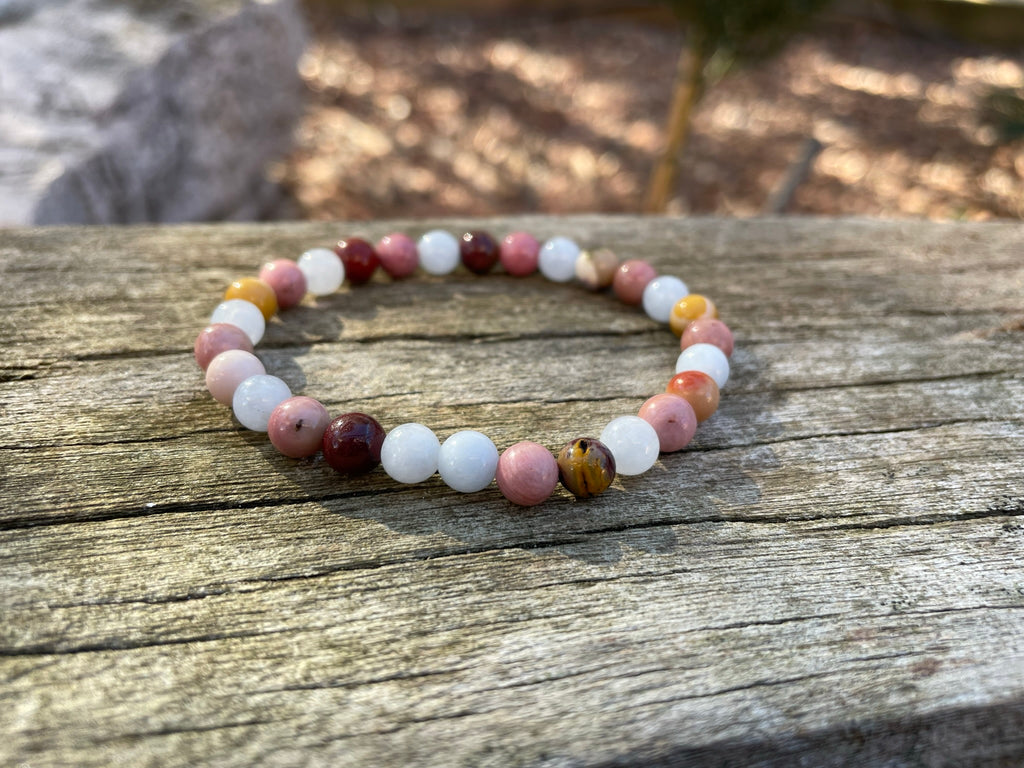 Bracelet spécial Thyroïde en Jaspe Mokaïte ou Mookaite, Rhodochrosite et Aigue Marine