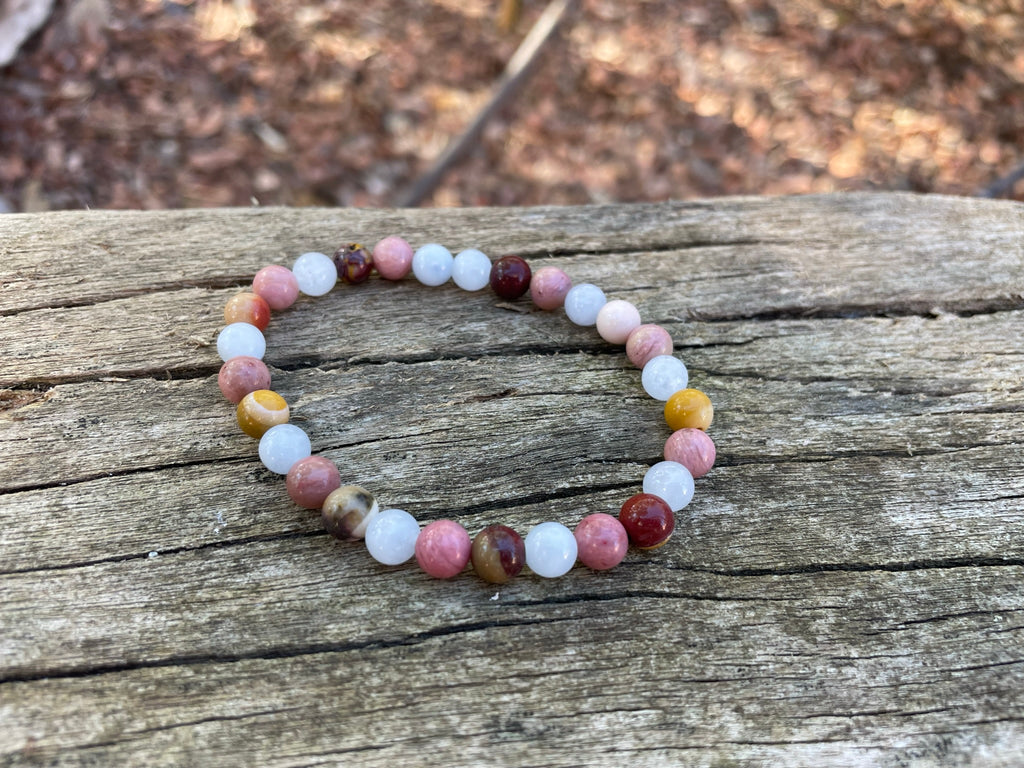 Bracelet spécial Thyroïde en Jaspe Mokaïte ou Mookaite, Rhodochrosite et Aigue Marine