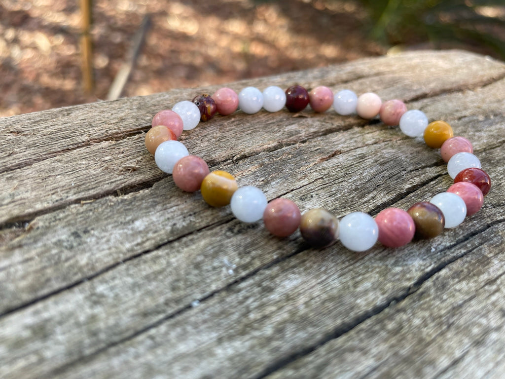 Bracelet spécial Thyroïde en Jaspe Mokaïte ou Mookaite, Rhodochrosite et Aigue Marine