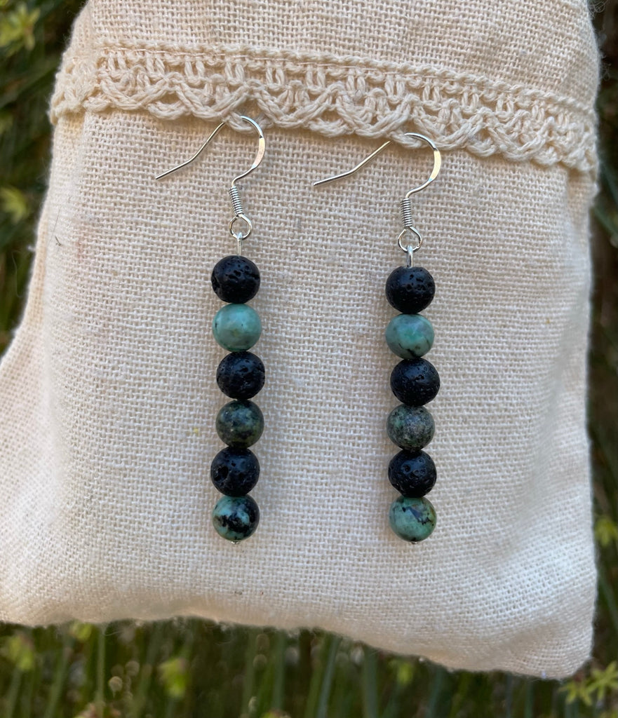 Boucles d'oreilles pendantes en Pierre de lave et Turquoise Africaine