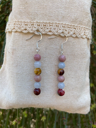 Boucles d'oreilles pendantes spéciales Thyroïde en Jaspe Mokaïte ou Mookaite, Rhodochrosite et Aigue Marine - Crochets en argent 925