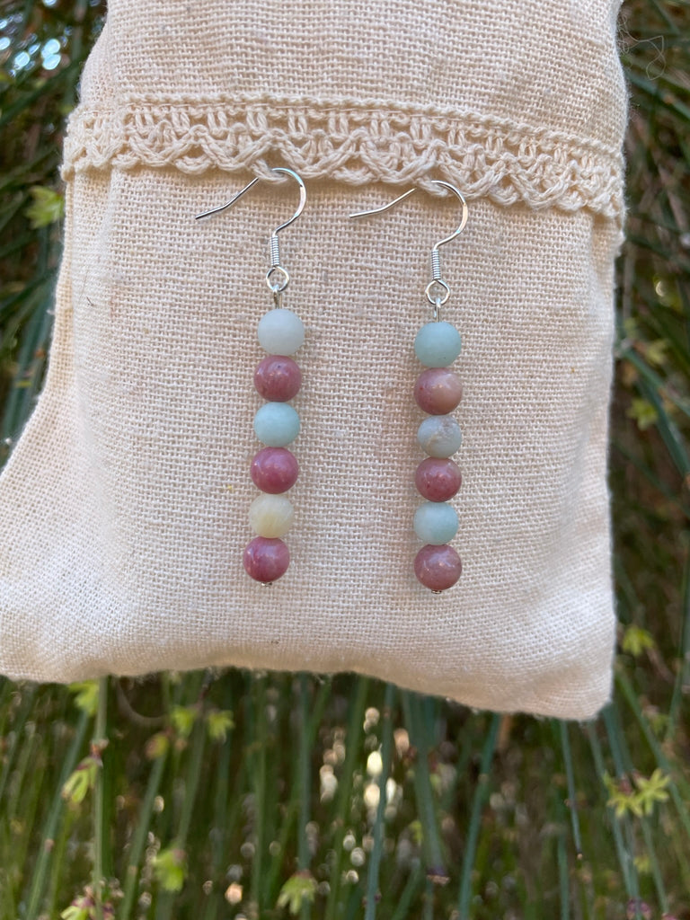 Boucles d'oreilles pendantes en Amazonite et Rhodochrosite