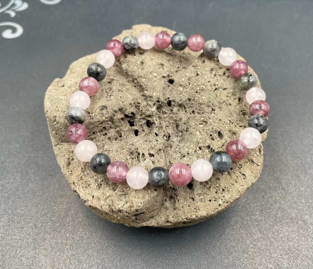 Bracelet spécial concentration en Lépidolite, Labradorite et Quartz Rose