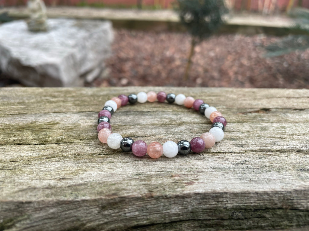 Bracelet spécial Anxiété, dépression en Lépidolite, Pierre du Soleil, Hématite et Pierre de Lune