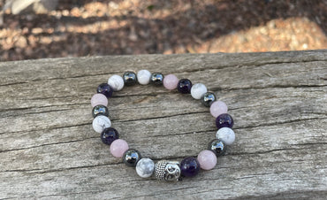 Bracelet élastique de Lithothérapie en Howlite, Quartz Rose, Hématite et Améthyste