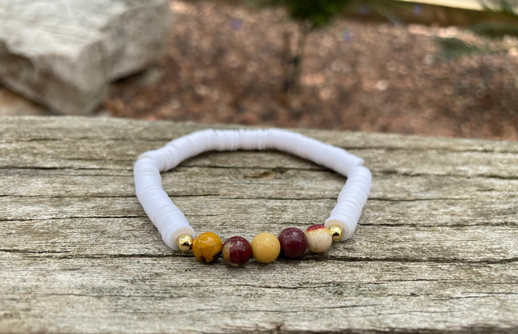 Bracelet élastique de lithothérapie en Jaspe Mokaïte ou Mookaite et perles Heishi