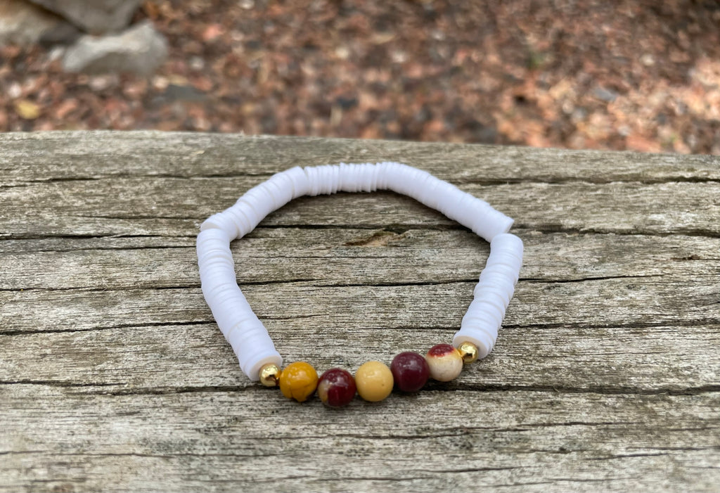 Bracelet élastique de lithothérapie en Jaspe Mokaïte ou Mookaite et perles Heishi