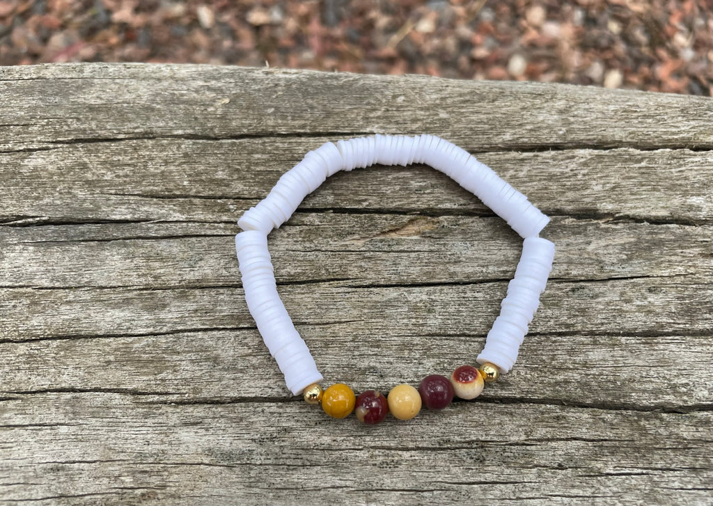 Bracelet élastique de lithothérapie en Jaspe Mokaïte ou Mookaite et perles Heishi