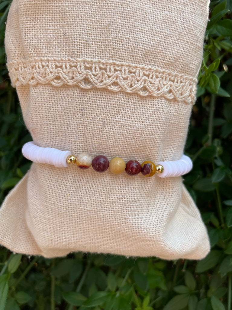 Bracelet élastique de lithothérapie en Jaspe Mokaïte ou Mookaite et perles Heishi