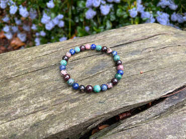 Bracelet élastique de Lithothérapie "multi Protection" Turquoise Africaine, Lapis Lazuli, Rhodonite et Grenat