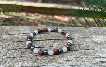 Bracelet élastique de Lithothérapie "Triple Protection" Quartz Rose, Hématite et Jaspe Rouge