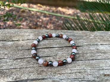 Bracelet élastique de Lithothérapie "Triple Protection" Quartz Rose, Hématite et Jaspe Rouge