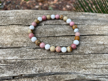 Bracelet élastique de Lithothérapie en Rhodochrosite, Howlite Blanche et Jaspe Paysage