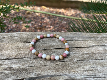 Bracelet élastique de Lithothérapie en Rhodochrosite, Howlite Blanche et Jaspe Paysage
