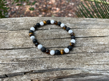 Bracelet élastique de Lithothérapie "Triple Protection" Oeil de tigre, Pierre de Lave et Howlite Blanche