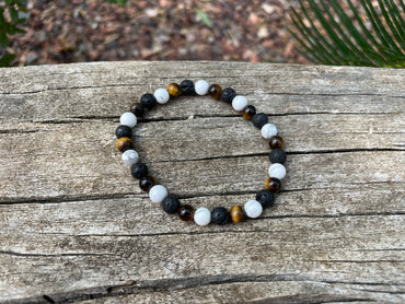 Bracelet élastique de Lithothérapie "Triple Protection" Oeil de tigre, Pierre de Lave et Howlite Blanche