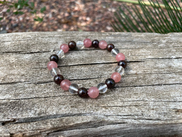 Bracelet élastique en Quartz Fraise, Grenat et Cristal de Roche - 8 mm