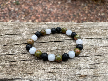 Bracelet élastique de Lithothérapie "Triple Protection" Unakite, Pierre de Lave et Aigue Marine