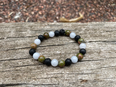 Bracelet élastique de Lithothérapie "Triple Protection" Unakite, Pierre de Lave et Aigue Marine