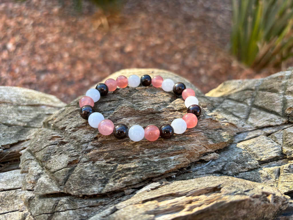 Bracelet élastique en Quartz Fraise, Grenat et Aigue Marine - 8 mm