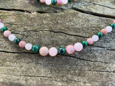 Parure bracelet et collier, Malachite, Quartz Rose et Rhodochrosite, Made in France