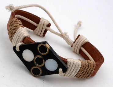 Bracelet réglable unisexe en cuir, nacre, rotin et bambou