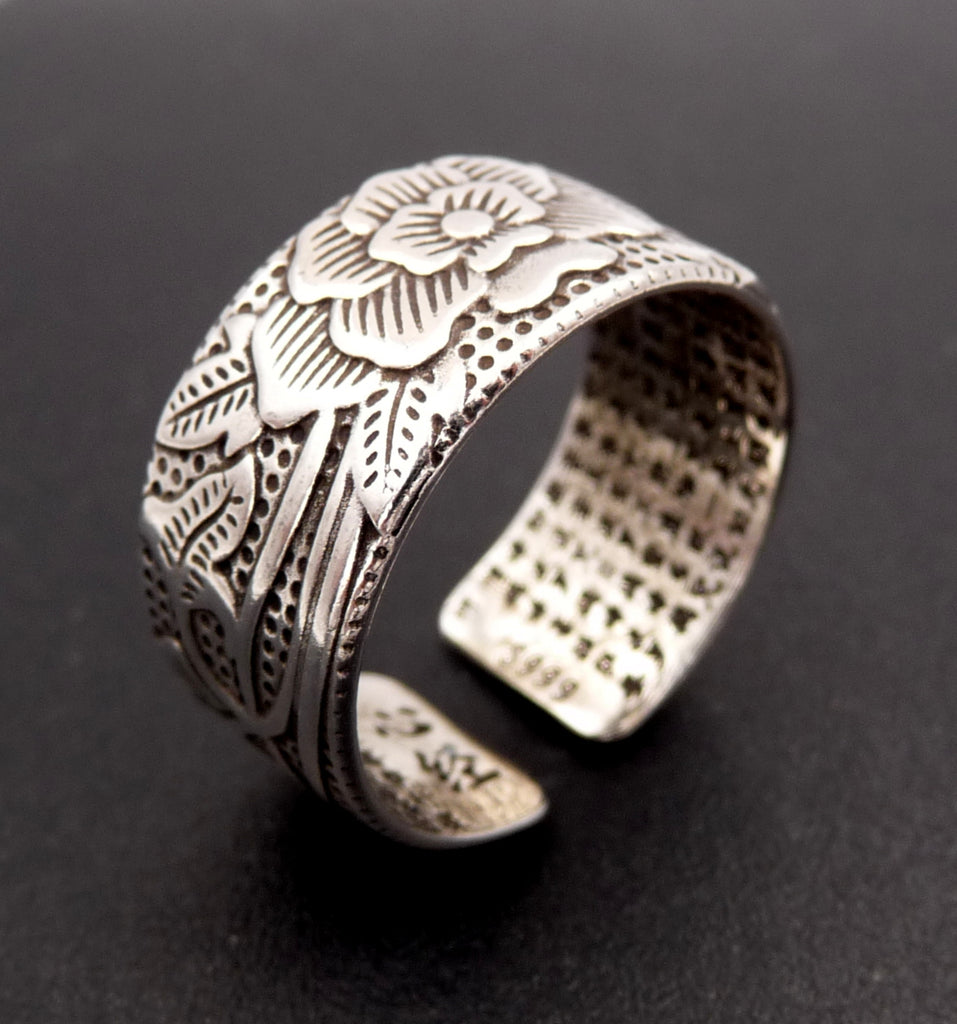 Bague Bouddhiste Tibétaine en argent 999 Fleur de Lotus et Sutra du Coeur