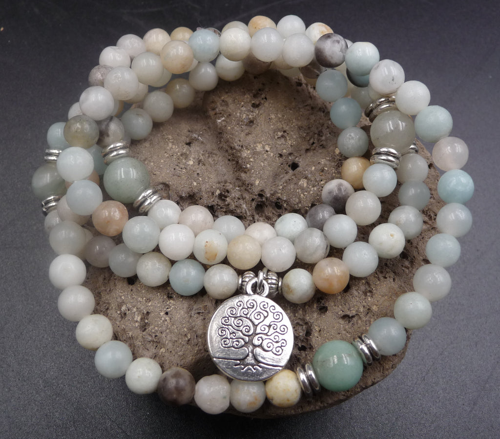 Bracelet Mala 108 perles en Amazonite - Symbole arbre de vie