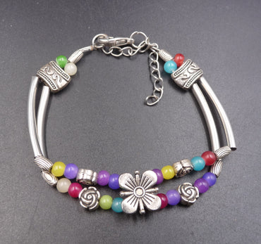 Bracelet "Bhaktapur" en argent Tibétain et perles multicolores du Népal