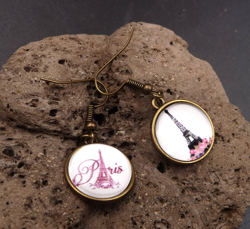 Boucles d'Oreilles Paris Tour Eiffel cabochon en verre
