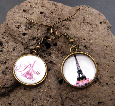 Boucles d'Oreilles Paris Tour Eiffel cabochon en verre