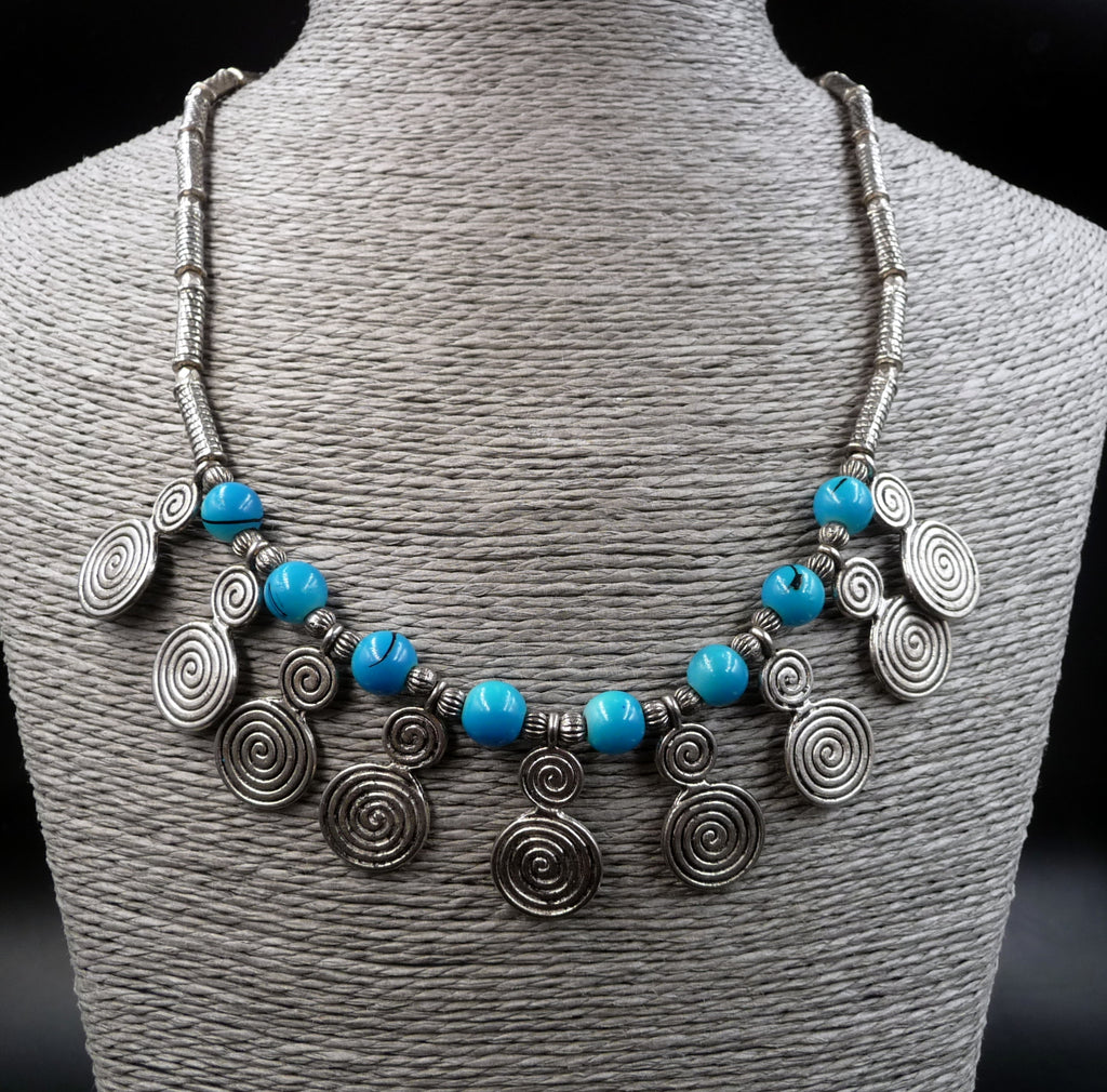 Collier ethnique Aztèque en argent Tibétain et perles turquoises