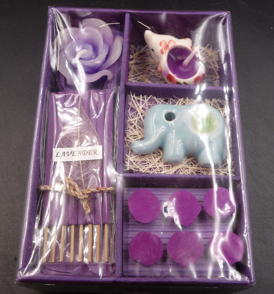 Coffret aromathérapie à la lavande bougies + encens + éléphant porte encens