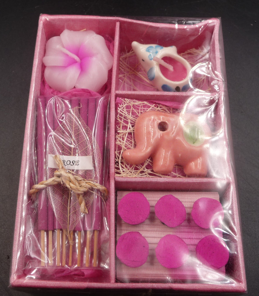 Coffret aromathérapie à la rose bougies + encens + éléphant porte encens