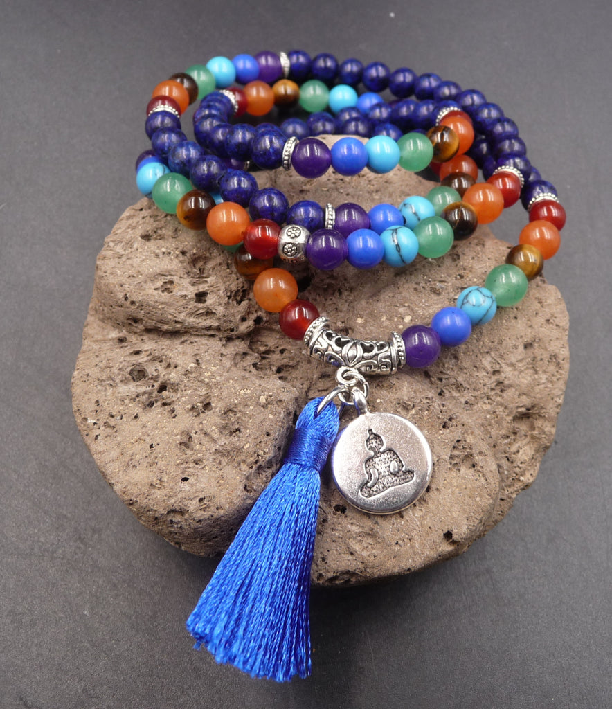 Bracelet multirang 7 chakras - Mala tibétain en Lapis Lazuli et pierres semi-précieuses
