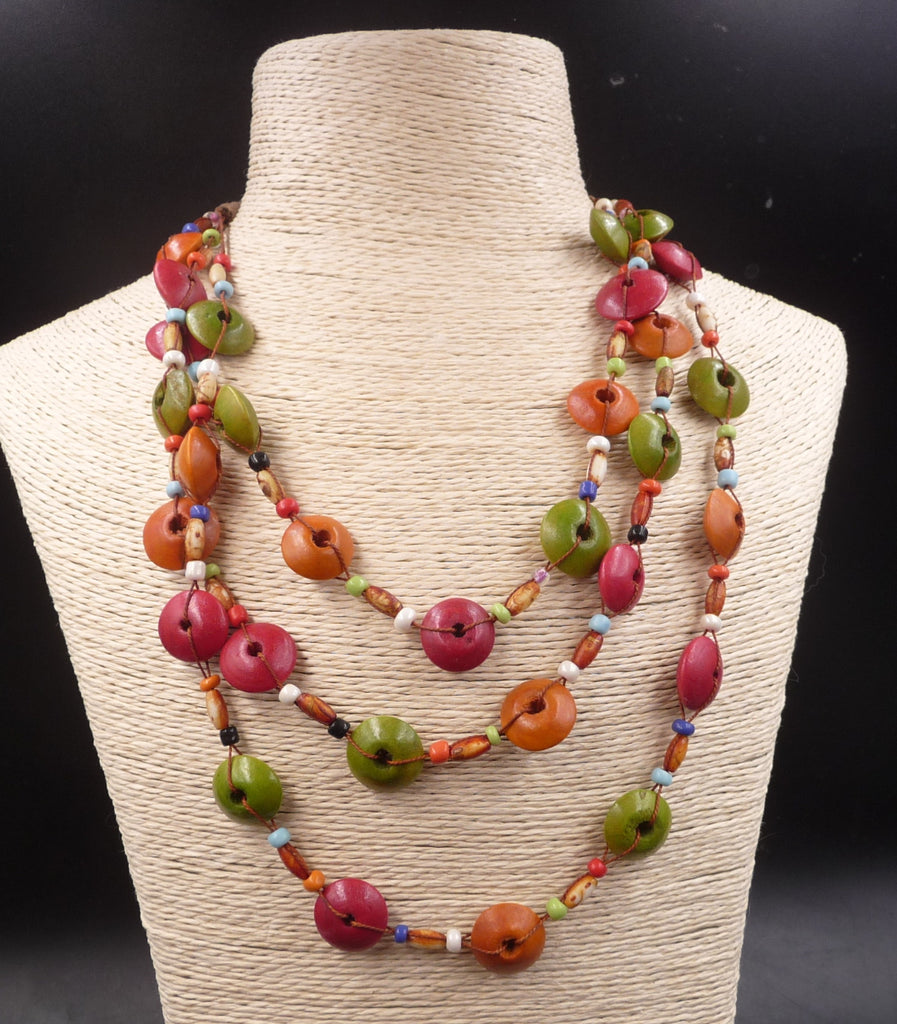 Collier Florence en bois triple rang orange, vert anis et rouge