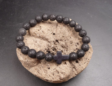Bracelet en pierre de lave véritable 8 mm + 1 breloque croix en pierre